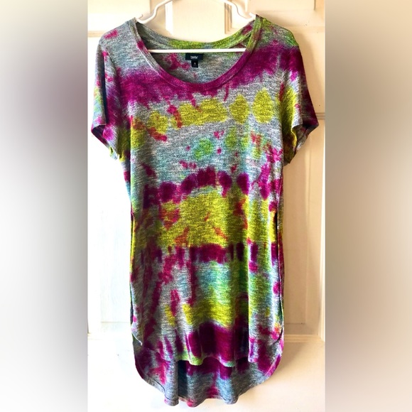 Vintage Mossimo Magenta Purple Yellow Gray Tie Dye Slit Side Tunic Sweater Small - Picture 1 of 3
